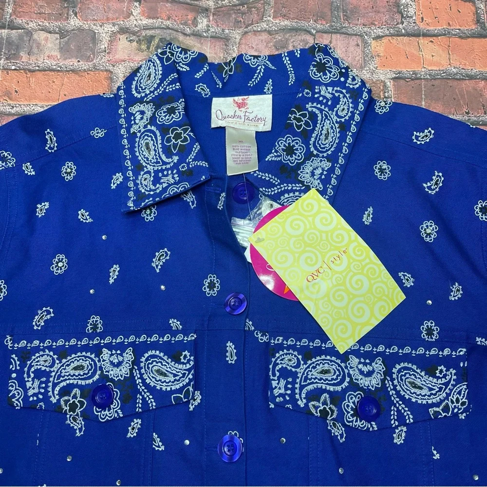 Vintage Quacker Factory Shirt Women’s XL Blue Bandana Print Button Old Stock - Picture 3 of 6